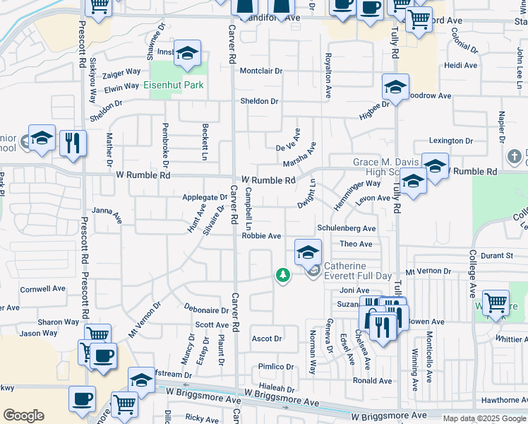 map of restaurants, bars, coffee shops, grocery stores, and more near 1613 Brentwood Court in Modesto