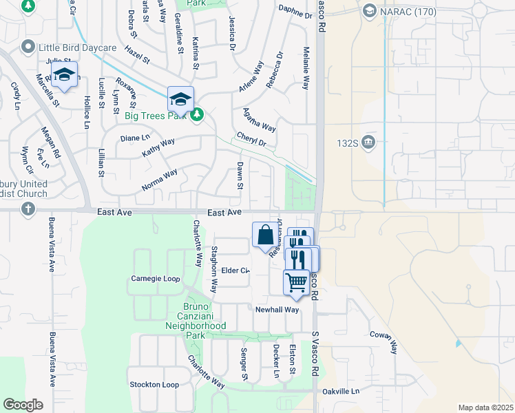 map of restaurants, bars, coffee shops, grocery stores, and more near 5720 East Avenue in Livermore