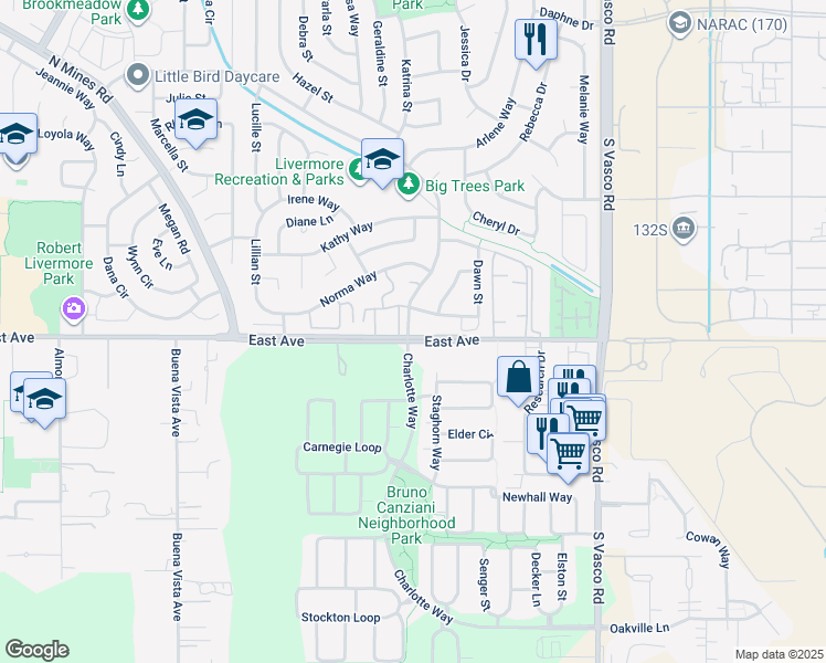 map of restaurants, bars, coffee shops, grocery stores, and more near 5665 Charlotte Way in Livermore
