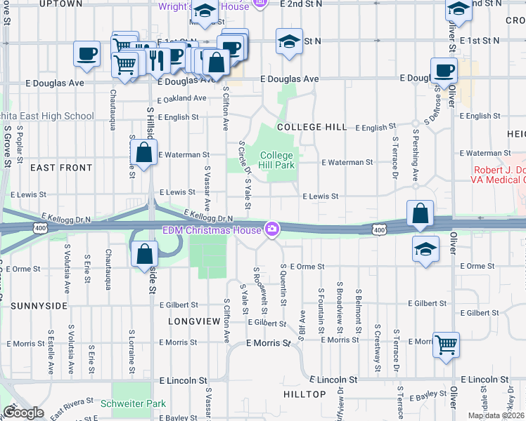 map of restaurants, bars, coffee shops, grocery stores, and more near 422 South Roosevelt Street in Wichita