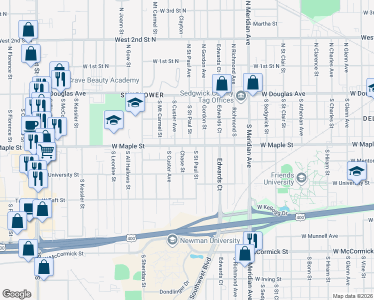 map of restaurants, bars, coffee shops, grocery stores, and more near 3001 West Maple Street in Wichita