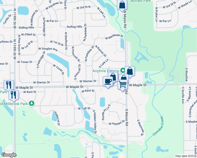 map of restaurants, bars, coffee shops, grocery stores, and more near 232 South Lark Lane in Wichita