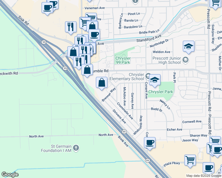 map of restaurants, bars, coffee shops, grocery stores, and more near 2801 Lou Ann Drive in Modesto