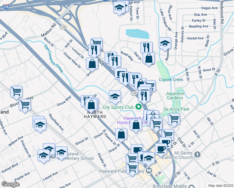 map of restaurants, bars, coffee shops, grocery stores, and more near 1111 Oakview Avenue in Hayward
