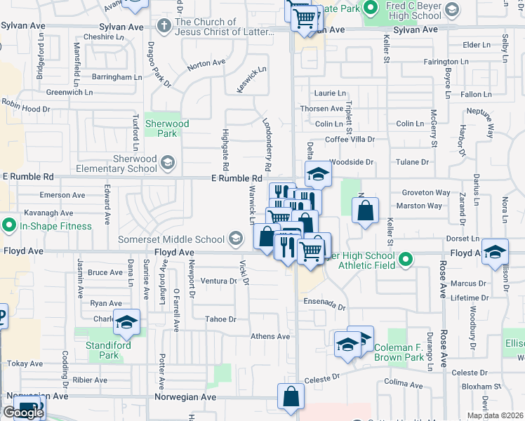 map of restaurants, bars, coffee shops, grocery stores, and more near 1205 Halifax Lane in Modesto