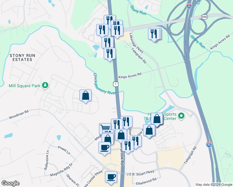 map of restaurants, bars, coffee shops, grocery stores, and more near 10131 W City Ave in Glen Allen
