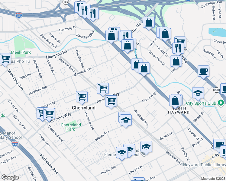 map of restaurants, bars, coffee shops, grocery stores, and more near 774 Blossom Way in Hayward