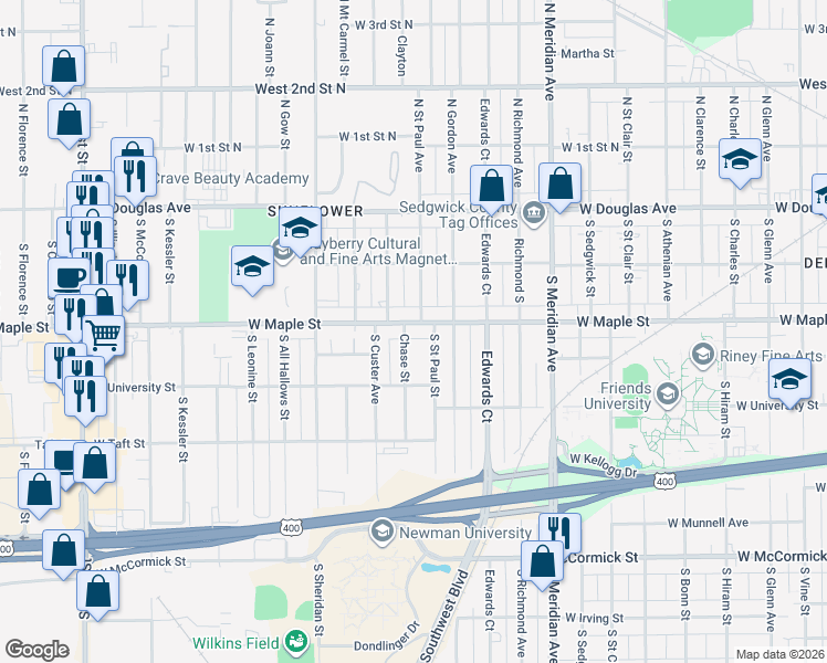 map of restaurants, bars, coffee shops, grocery stores, and more near 3001 West Maple Street in Wichita