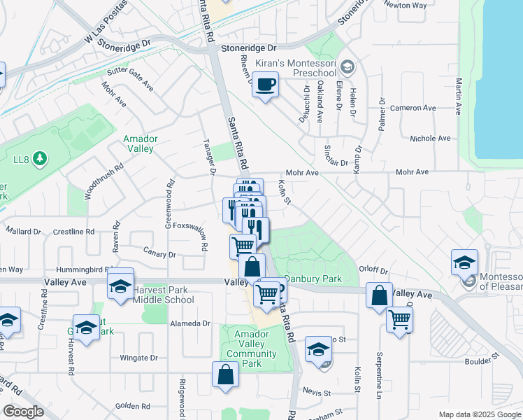 map of restaurants, bars, coffee shops, grocery stores, and more near 4289 Valdosta Court in Pleasanton