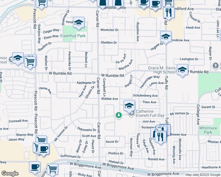 map of restaurants, bars, coffee shops, grocery stores, and more near 1613 Brentwood Court in Modesto