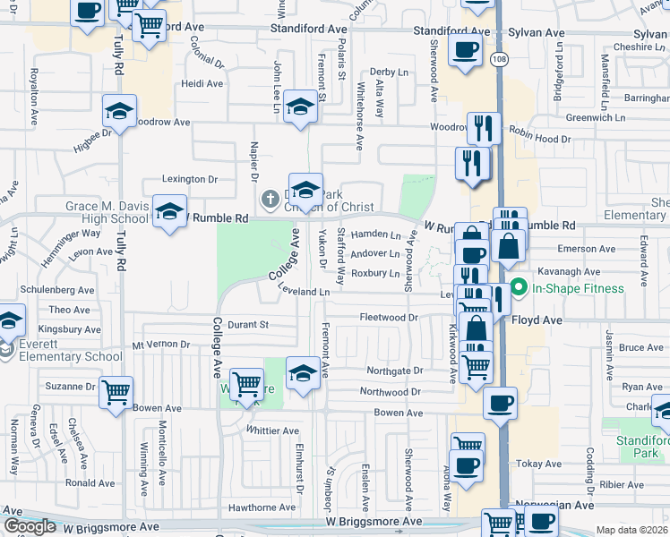 map of restaurants, bars, coffee shops, grocery stores, and more near 701 Roxbury Lane in Modesto