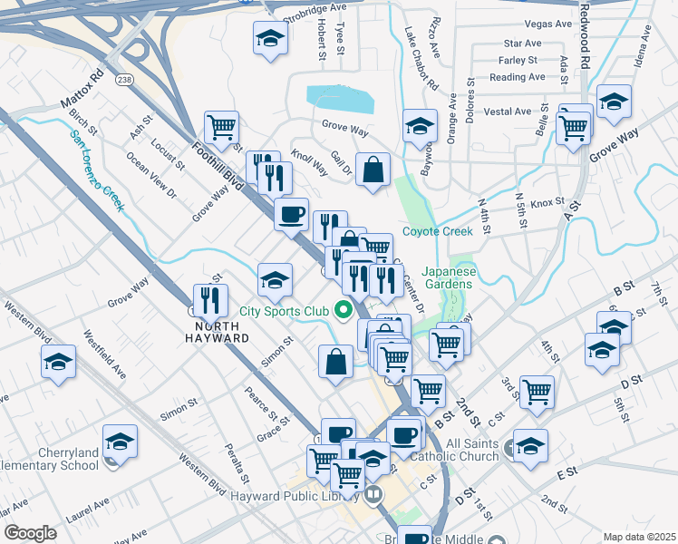 map of restaurants, bars, coffee shops, grocery stores, and more near 22248 California 238 in Hayward