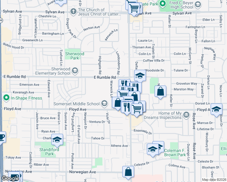 map of restaurants, bars, coffee shops, grocery stores, and more near 1205 Halifax Lane in Modesto