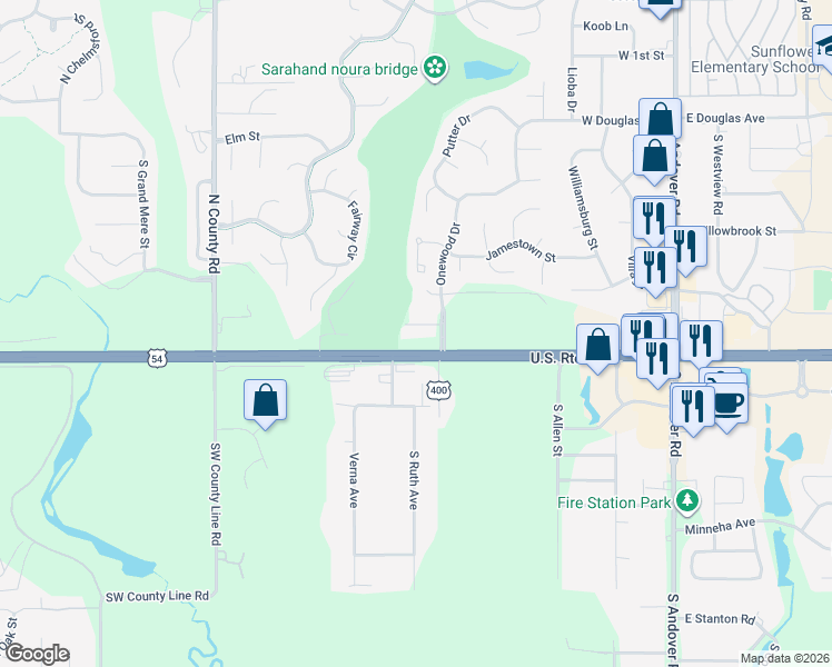 map of restaurants, bars, coffee shops, grocery stores, and more near 921 West Onewood Place in Andover