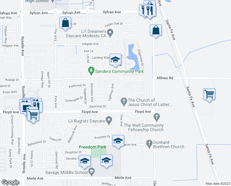 map of restaurants, bars, coffee shops, grocery stores, and more near 3704 Affirmed Drive in Modesto