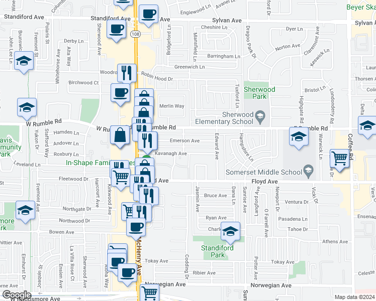 map of restaurants, bars, coffee shops, grocery stores, and more near 305 Kavanagh Avenue in Modesto