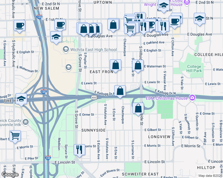 map of restaurants, bars, coffee shops, grocery stores, and more near 427 South Volutsia Street in Wichita