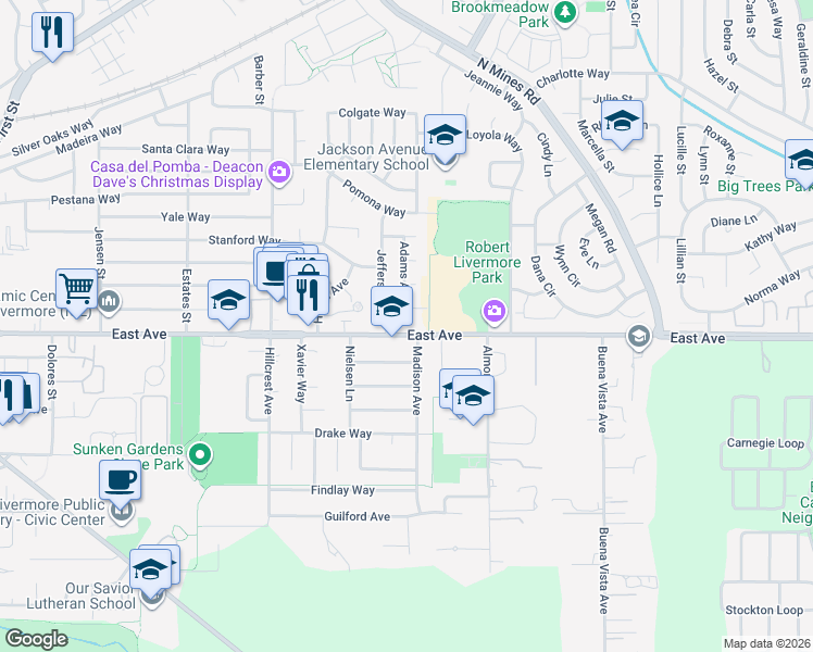 map of restaurants, bars, coffee shops, grocery stores, and more near 4348 East Avenue in Livermore