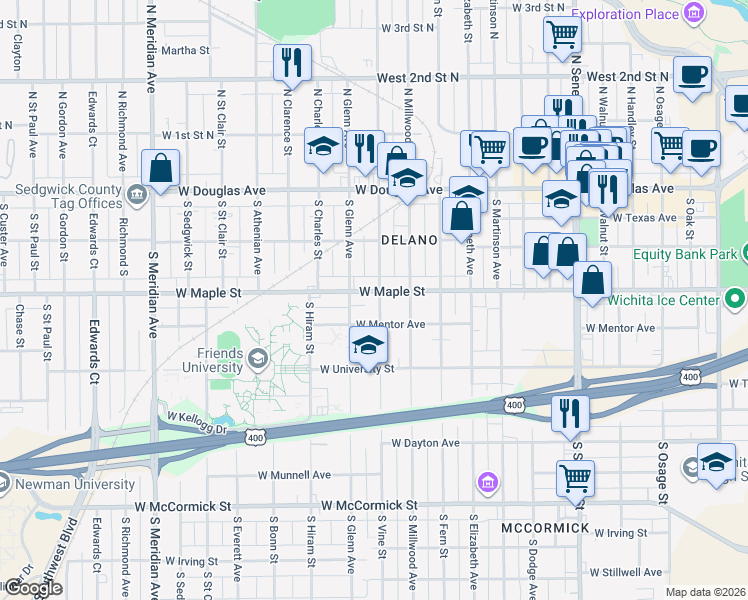 map of restaurants, bars, coffee shops, grocery stores, and more near 1801 West Maple Street in Wichita