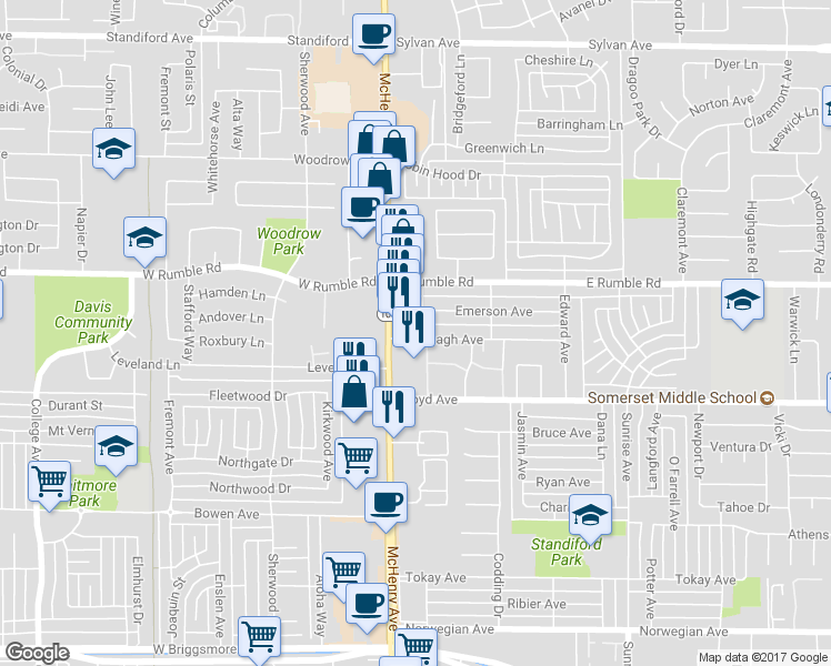 map of restaurants, bars, coffee shops, grocery stores, and more near 2801 Fitzpatrick Avenue in Modesto