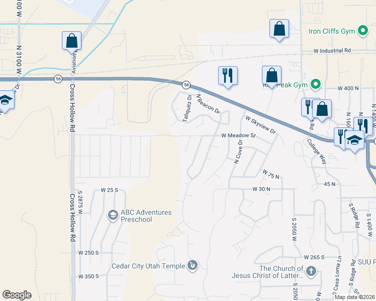 map of restaurants, bars, coffee shops, grocery stores, and more near 159 North 2475 West Circle in Cedar City