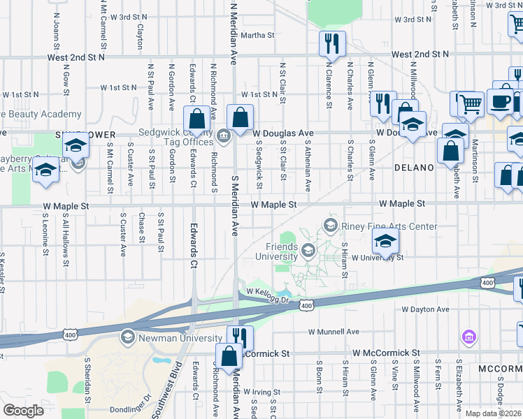 map of restaurants, bars, coffee shops, grocery stores, and more near 315 South Saint Clair Avenue in Wichita