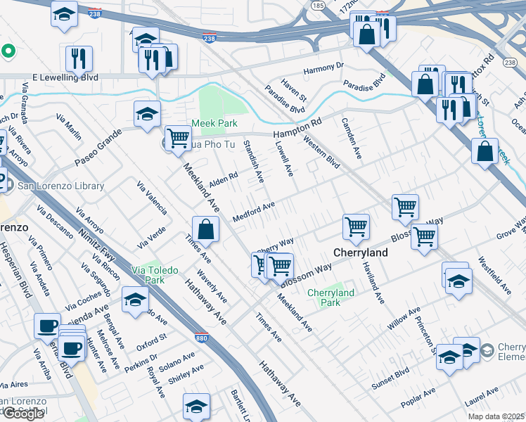 map of restaurants, bars, coffee shops, grocery stores, and more near 171 Medford Avenue in Hayward