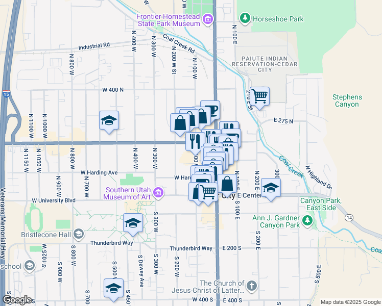 map of restaurants, bars, coffee shops, grocery stores, and more near 173 North 100 West in Cedar City