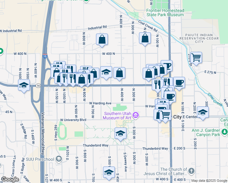 map of restaurants, bars, coffee shops, grocery stores, and more near 166 North 500 West in Cedar City