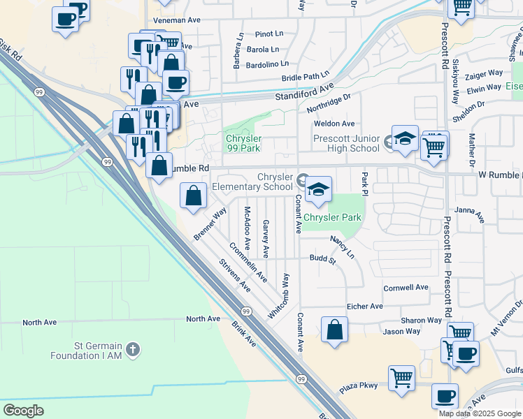 map of restaurants, bars, coffee shops, grocery stores, and more near 2712 Garvey Avenue in Modesto
