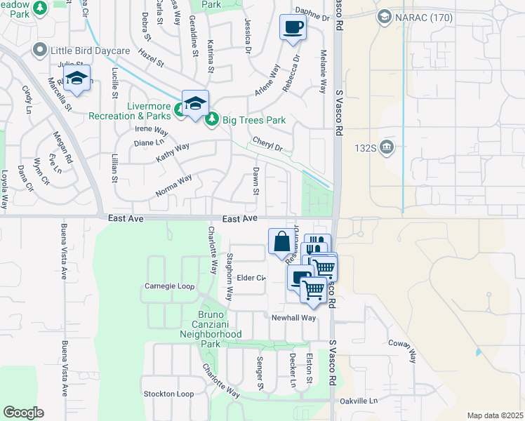 map of restaurants, bars, coffee shops, grocery stores, and more near 5697 Jacquiline Way in Livermore