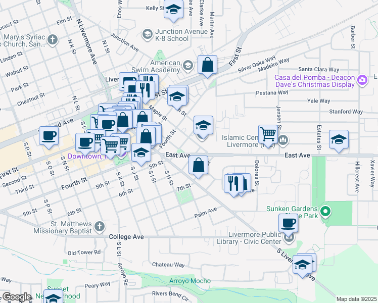 map of restaurants, bars, coffee shops, grocery stores, and more near 2668 East Avenue in Livermore