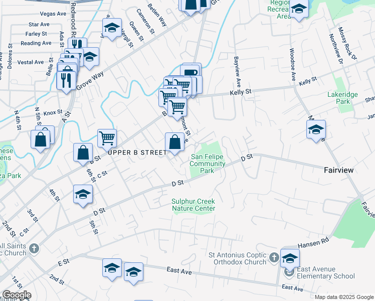 map of restaurants, bars, coffee shops, grocery stores, and more near 22842 Vermont Street in Hayward