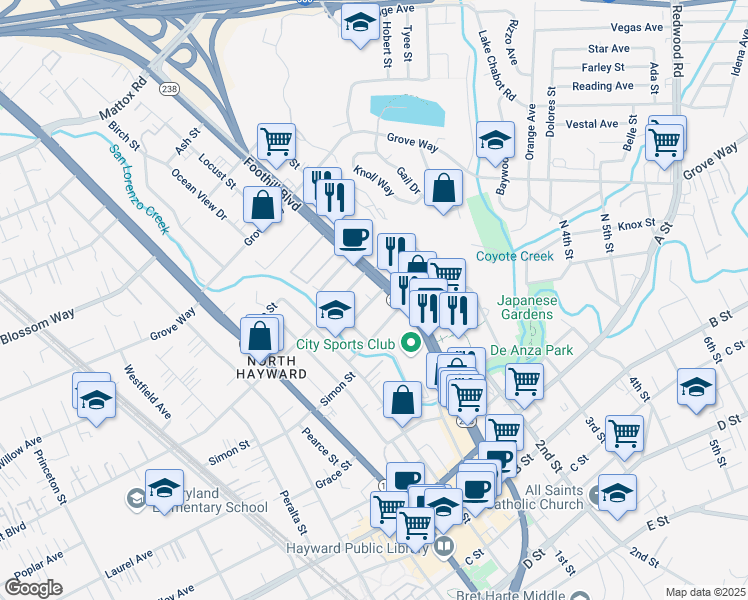 map of restaurants, bars, coffee shops, grocery stores, and more near 1172 Rex Road in Hayward