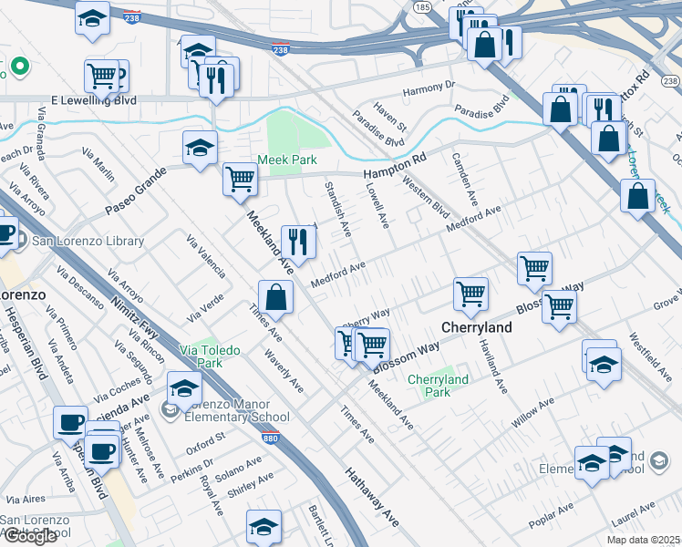 map of restaurants, bars, coffee shops, grocery stores, and more near 171 Medford Avenue in Hayward
