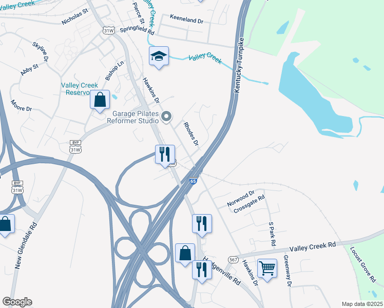 map of restaurants, bars, coffee shops, grocery stores, and more near Gateway Drive in Elizabethtown