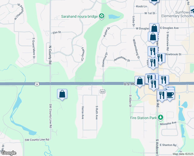 map of restaurants, bars, coffee shops, grocery stores, and more near 927 West Onewood Place in Andover