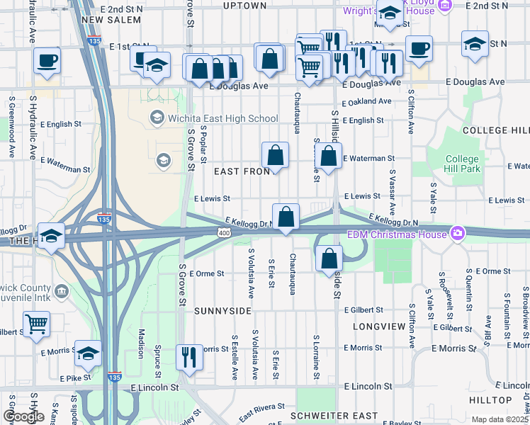 map of restaurants, bars, coffee shops, grocery stores, and more near 427 South Volutsia Street in Wichita