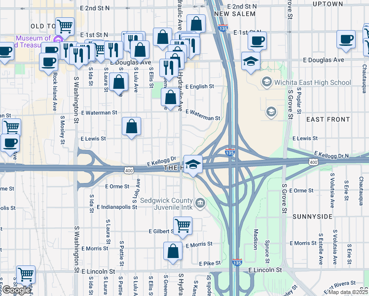 map of restaurants, bars, coffee shops, grocery stores, and more near 418 South Hydraulic Avenue in Wichita