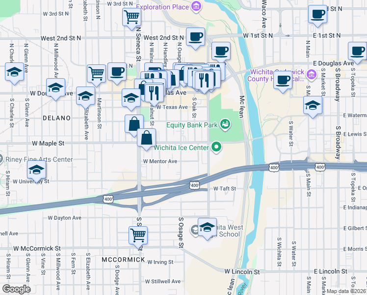 map of restaurants, bars, coffee shops, grocery stores, and more near 711 West Maple Street in Wichita