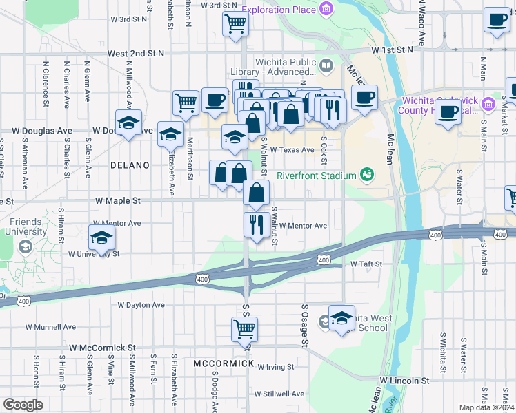 map of restaurants, bars, coffee shops, grocery stores, and more near 405 South Walnut Street in Wichita