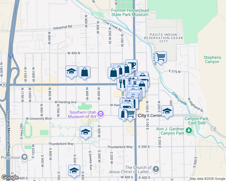 map of restaurants, bars, coffee shops, grocery stores, and more near 151 North 200 West Street in Cedar City