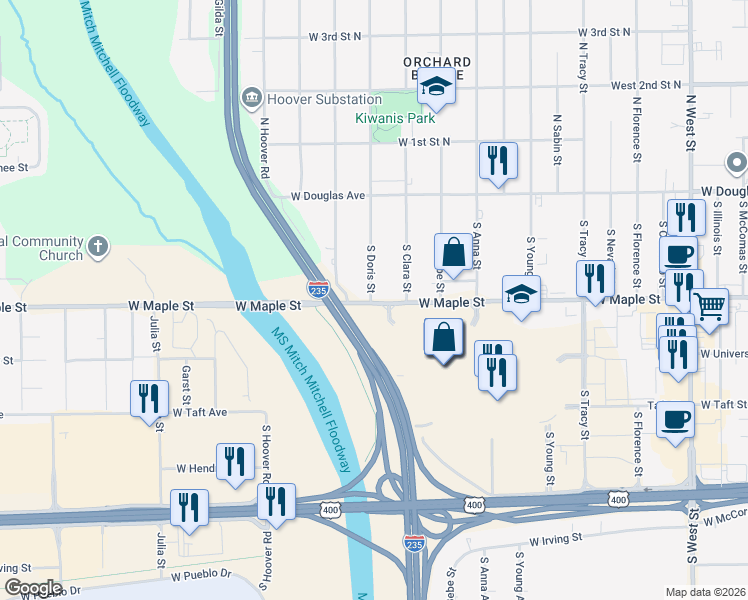 map of restaurants, bars, coffee shops, grocery stores, and more near 601 West Kellogg Drive in Wichita