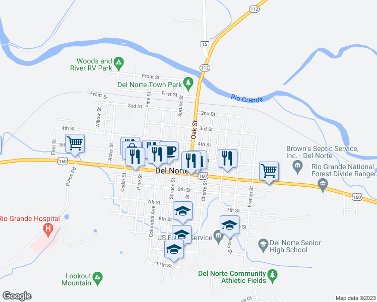 map of restaurants, bars, coffee shops, grocery stores, and more near 440 Oak Street in Del Norte