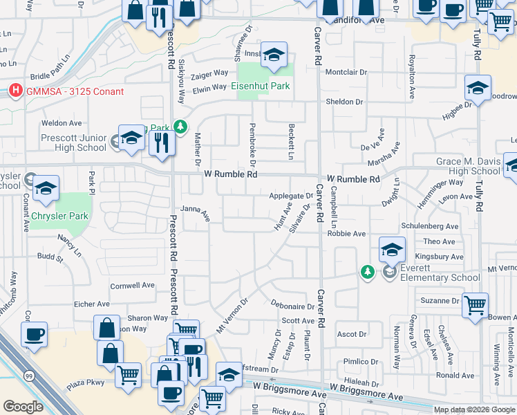 map of restaurants, bars, coffee shops, grocery stores, and more near 2704 Marjorie Drive in Modesto