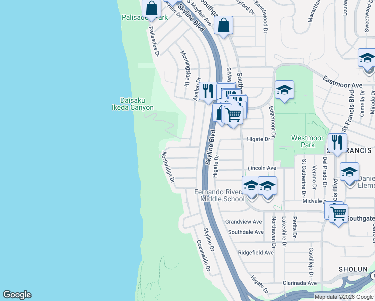 map of restaurants, bars, coffee shops, grocery stores, and more near 30 Carmel Avenue in Daly City