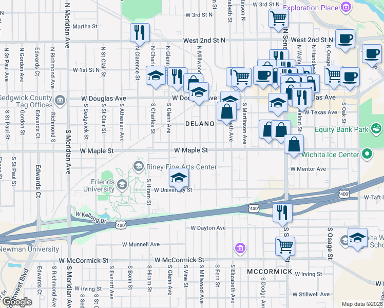 map of restaurants, bars, coffee shops, grocery stores, and more near 411 South Millwood Avenue in Wichita