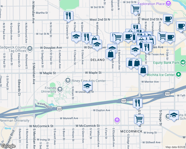 map of restaurants, bars, coffee shops, grocery stores, and more near 411 South Millwood Avenue in Wichita