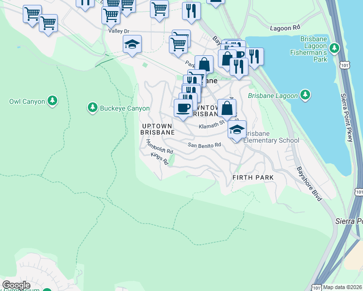map of restaurants, bars, coffee shops, grocery stores, and more near 421 Sierra Point Road in Brisbane
