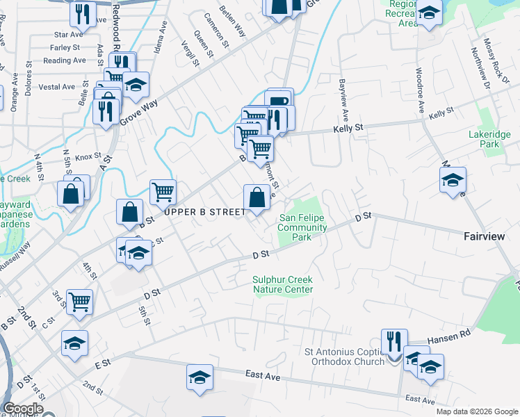 map of restaurants, bars, coffee shops, grocery stores, and more near 1839 Hill Avenue in Hayward